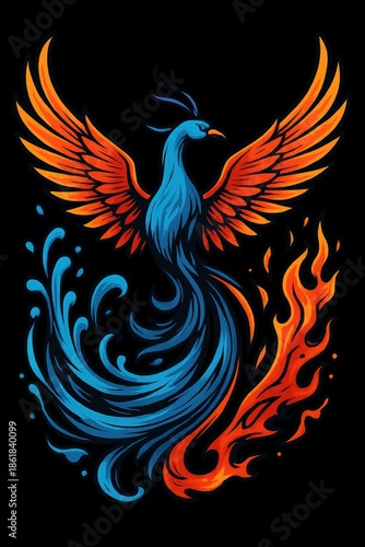 Elemental Phoenix of Fire and Water - Striking Vector Art on Black Background