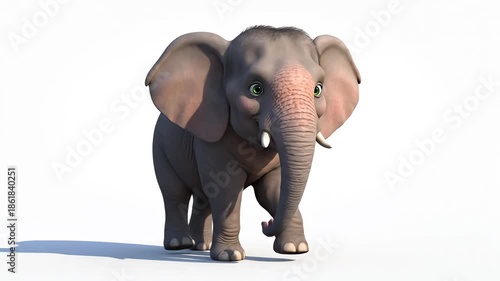 Cute elephant with green eye standing on white background