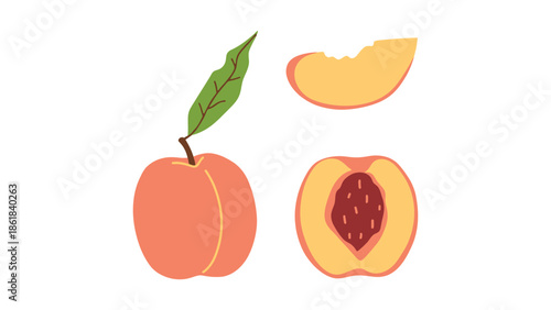 Fresh peach with leaf, slice, and halved fruit showing juicy pit, a vibrant summer treat