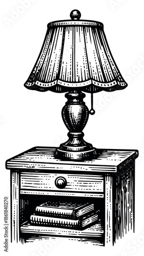 Hand drawn line art illustration of a bedside table with a lamp and books depicting a home interior scene for bedroom or home decor