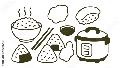 Whimsical illustration of Japanese rice dishes, onigiri, and a rice cooker.