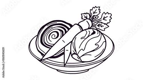 Fresh vegetables including carrot, cabbage, and beet arranged on a plate, depicted in a simple line art style.