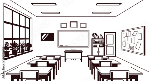 A colorful and well-organized cartoon classroom with desks and educational tools