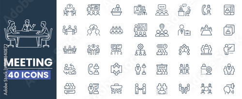 Meeting Icon Set. Seminar, Business Meeting, Presentation, Interview, Conference, Assembly, Agreement and Discussion Line Icons Collection.