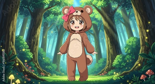 An adorable child in a full bear costume smiles warmly in an enchanted, lush forest with tall trees and glowing lights