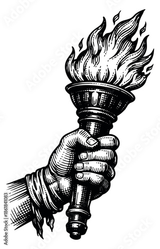 Vintage style hand drawn line art illustration of a hand holding a flaming torch depicting light, freedom, and enlightenment for historical and symbolic themes