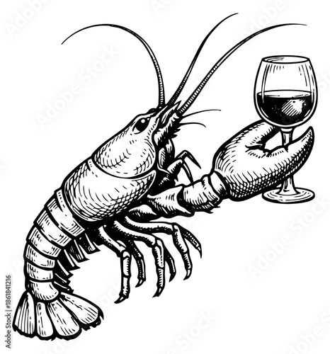 Hand drawn line art illustration of a crawfish depicting it holding a wine glass for a gourmet seafood and beverage concept