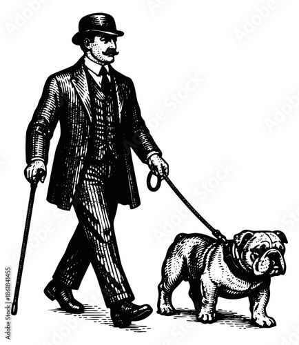 Vintage line art illustration of a gentleman depicting him walking a bulldog on a leash for period design