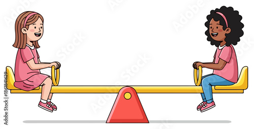 Two happy girls playing on a seesaw illustration.