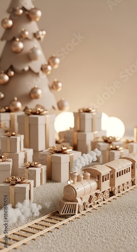 An aesthetically pleasing scene, featuring a miniature train journeying across a plush, textured surface. Presents, tree, and a dreamy bokeh