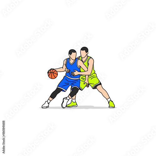 Basketball Players Competing for Ball Possession.