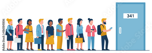 Diverse people standing in a queue at door.