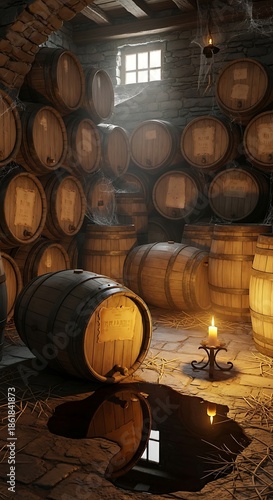 An aged cellar filled with wooden barrels, some holding documents. Soft light shines through a small window and candle illuminates the scene