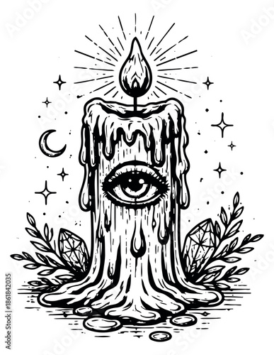 Hand drawn line art illustration of a mystical candle depicting an all seeing eye for esoteric and magic designs