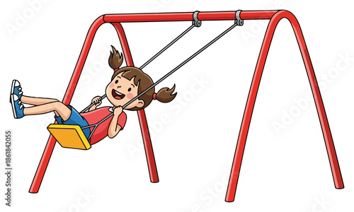 Cheerful cartoon girl swinging on playground.