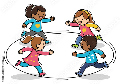 Cheerful children running in a playful circle illustration.