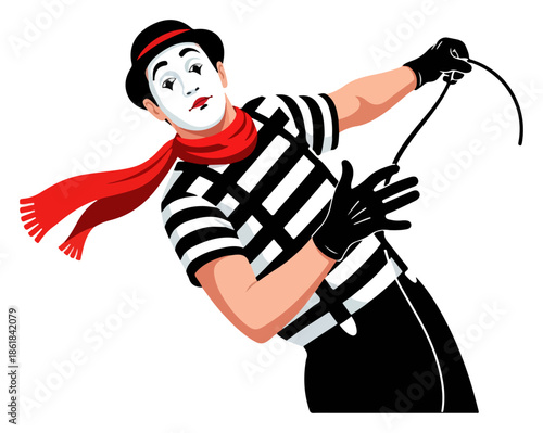 Classic mime performer in striped shirt with red scarf.