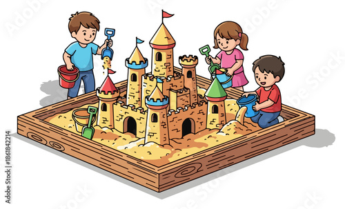 Intricate sandcastle with towers turrets and flags.