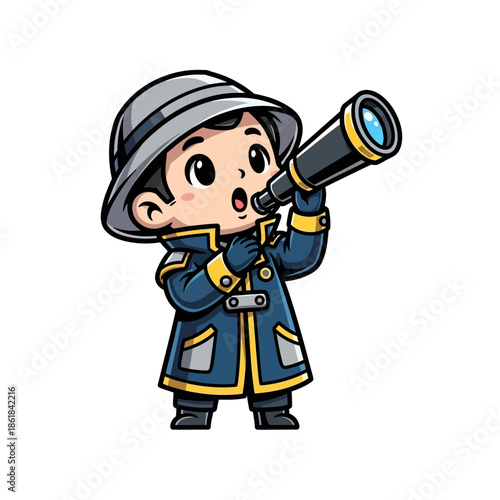 Cartoon Explorer Looking Through Telescope.
