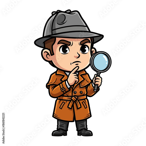 Cartoon Detective Character with Magnifying Glass.