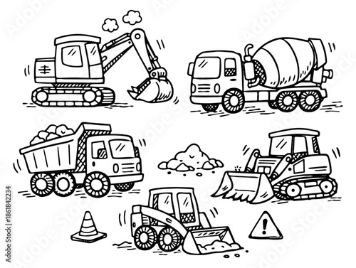 Hand drawn line art heavy equipment set featuring construction vehicles and accessories for building and roadwork projects