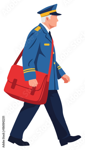 Postal courier in blue uniform walking with satchel.