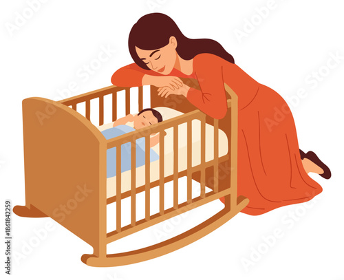 Mother kneels beside crib soothing sleeping baby.