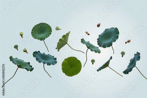 Artistic arrangement of floating lotus leaves and seed heads on a pale blue background