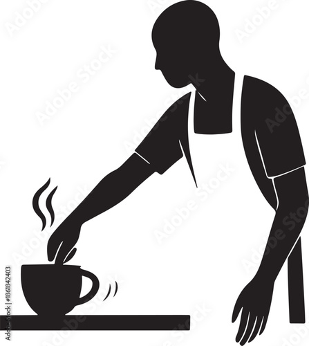 Barista wiping coffee counter, sweeping arm silhouette