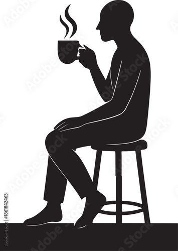 Person seated on stool sipping coffee, feet dangling silhouette