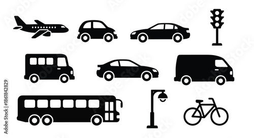 A collection of black silhouettes of various vehicles and transportation icons