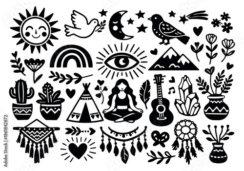 Hand drawn bohemian illustration set featuring spiritual and nature elements for creative projects