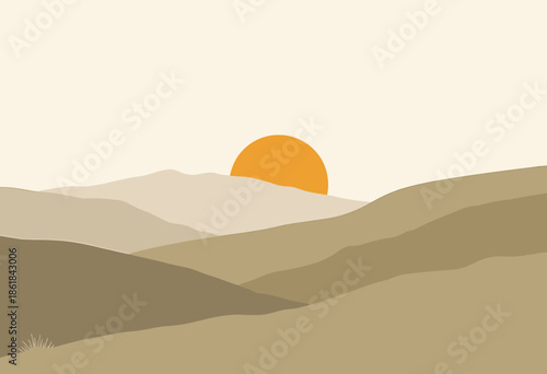 Serene abstract landscape illustration with a captivating sunset over rolling hills in earthy tones showcasing minimalist scenery and tranquility