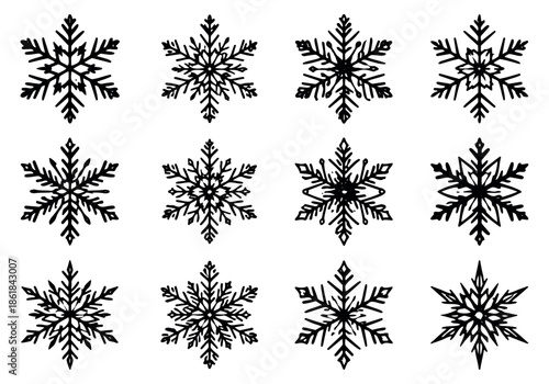 Hand drawn line art snowflake set featuring diverse snowflake patterns for winter holiday season