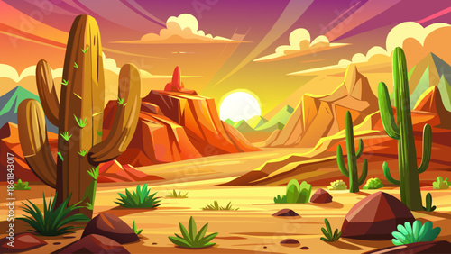 Desert landscape with cactus plants under bright sunlight