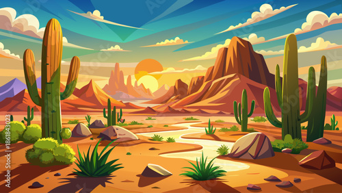 Desert landscape with cactus plants under bright sunlight