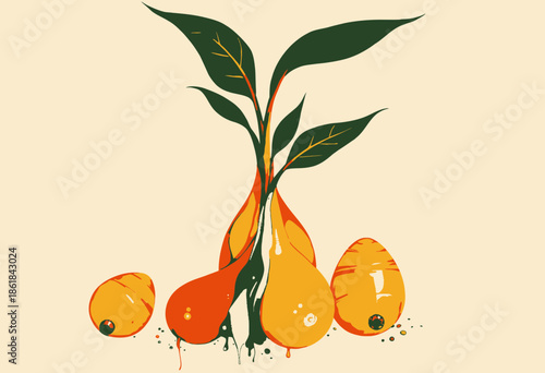 Abstract Botanical Artwork Featuring Colorful Pears with Lush Green Leaves and Flowing Blue Element Against Minimalist Background