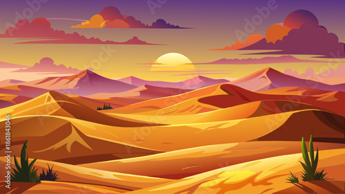 Desert sunset landscape with rolling dunes and warm orange sky
