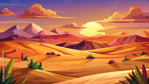 Desert sunset landscape with rolling dunes and warm orange sky