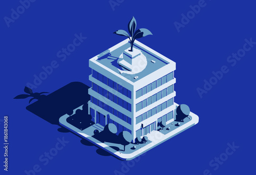 Illustration of a Modern Eco-Friendly Office Building with Green Plant on Rooftop Symbolizing Sustainability and Urban Environmental Awareness
