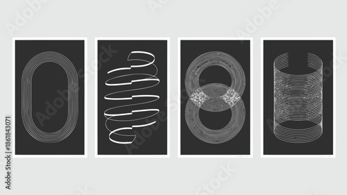 Modern geometric line art designs on black background