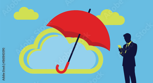 A businessman stands under a red umbrella protecting from a cloud