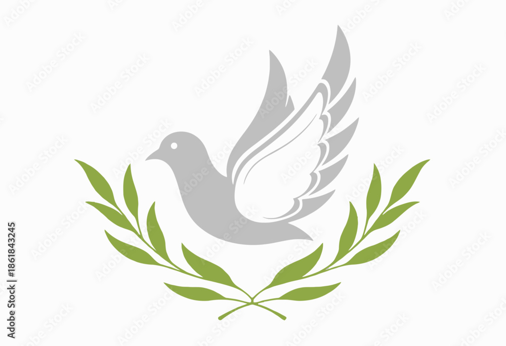 Obraz premium Elegant depiction of a peaceful dove in flight with olive branches symbolizing harmony and serenity in a minimalist and clean design