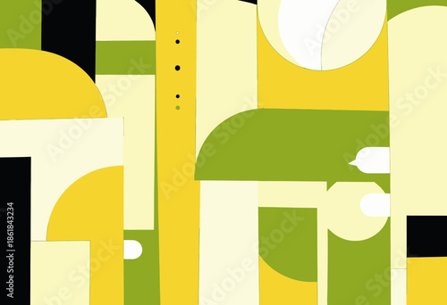 Abstract Geometric Artwork Featuring Interlocking Shapes and Bold Colors Highlighting an Arrangement of Yellow, Green, and White with Black Accents