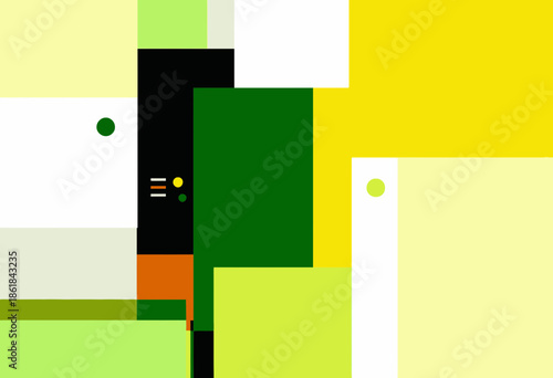 Abstract Geometric Composition Featuring Vibrant Green and Yellow Rectangles with Contrasting Dark Accents and Minimalist Colorful Circle Elements