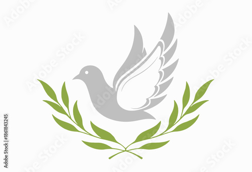 Elegant depiction of a peaceful dove in flight with olive branches symbolizing harmony and serenity in a minimalist and clean design