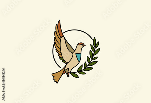 Artistic Illustration of a Dove in Flight with Olive Branch Symbolizing Peace and Harmony in a Minimalist Style