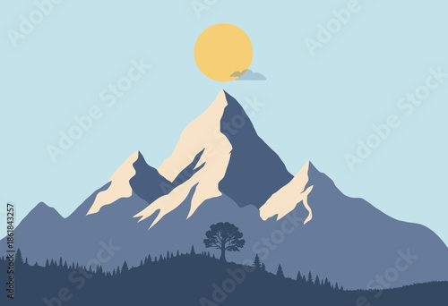 Majestic Mountain Peak in Minimalist Art Style with a Rising Sun and Silhouetted Tree Underneath, Capturing Serenity and Natural Beauty in Soft Tones