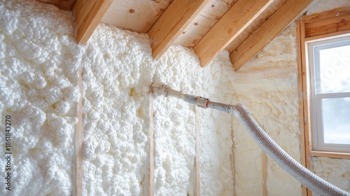 Sprayed foam insulation filling wall cavities inside a building