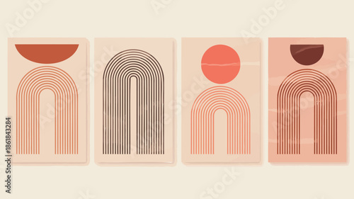 Vibrant modern art posters with geometric shapes and arches in terracotta hues